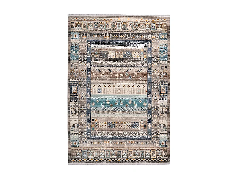 Tapis Ethnique à Poils Courts "Anouk" Marron & Bleu 80 x 150 cm