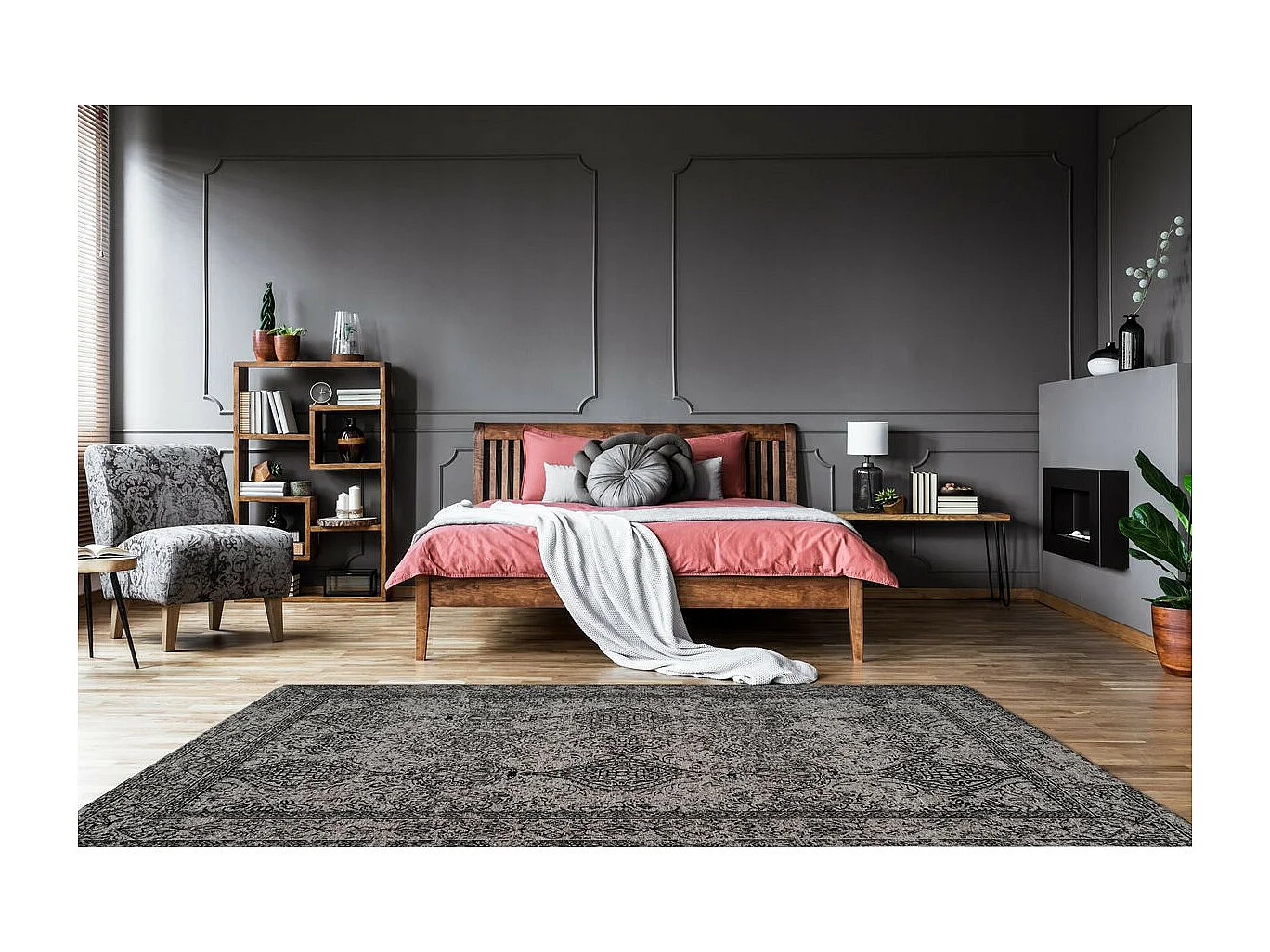 Tapis Vintage à Poils Courts "Iglesia" Gris & Noir 120 x 170 cm