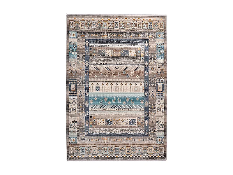 Tapis Ethnique à Poils Courts "Anouk" Marron & Bleu 120 x 170 cm