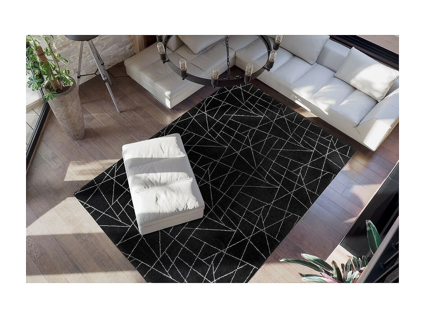 Tapis Géométrique à Poils Longs "Bijou" Noir & Argent 200 x 290 cm