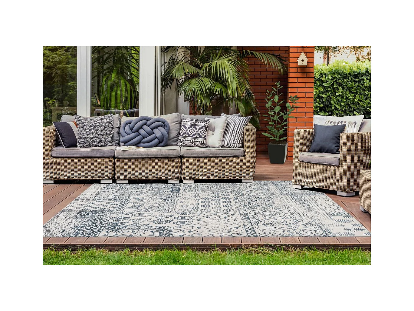 Tapis d'Extérieur Ethnique "Yoga" Bleu & Ivoire 80 x 150 cm