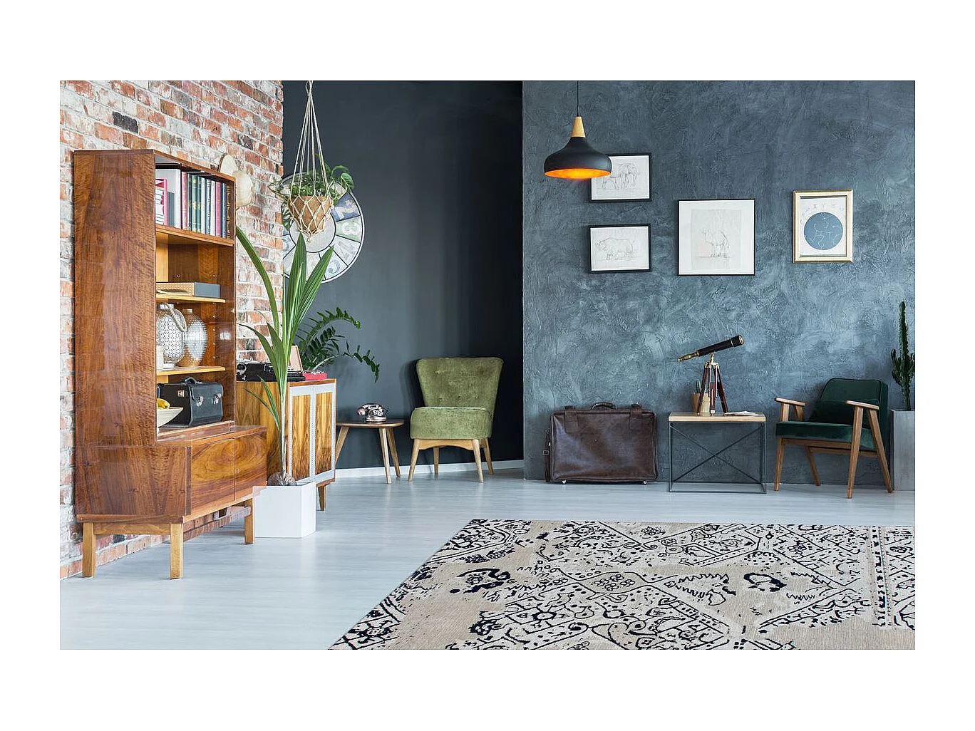 Tapis Imprimé Rétro "River" Gris & Noir 120 x 170 cm