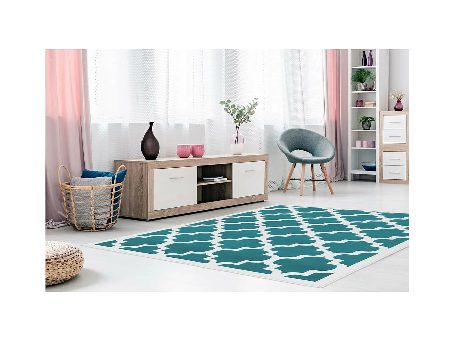 Tapis Vintage à Poils Courts "Manolya" Turquoise 200 x 290 cm