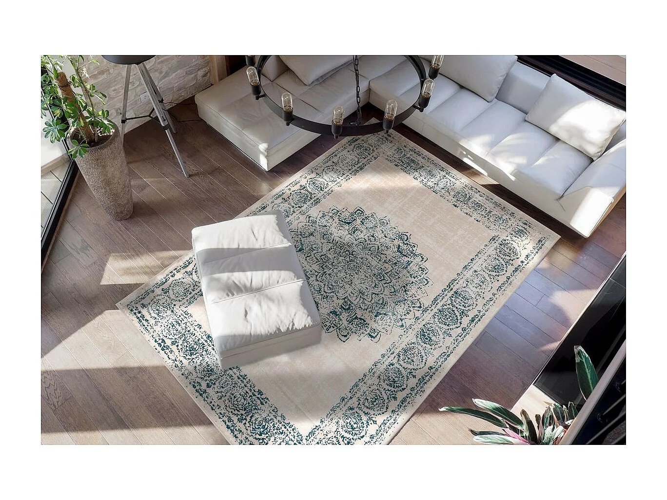 Tapis d'Orient Rosace à Poils Courts "Ariya" Crème 200 x 290 cm