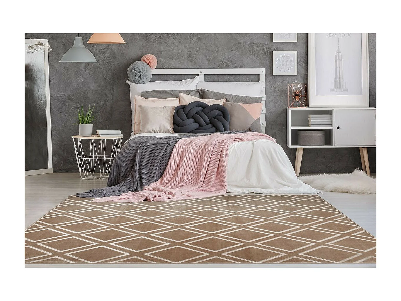 Tapis Imprimé Losange Fait Main "Monroe III" Taupe 160 x 230 cm