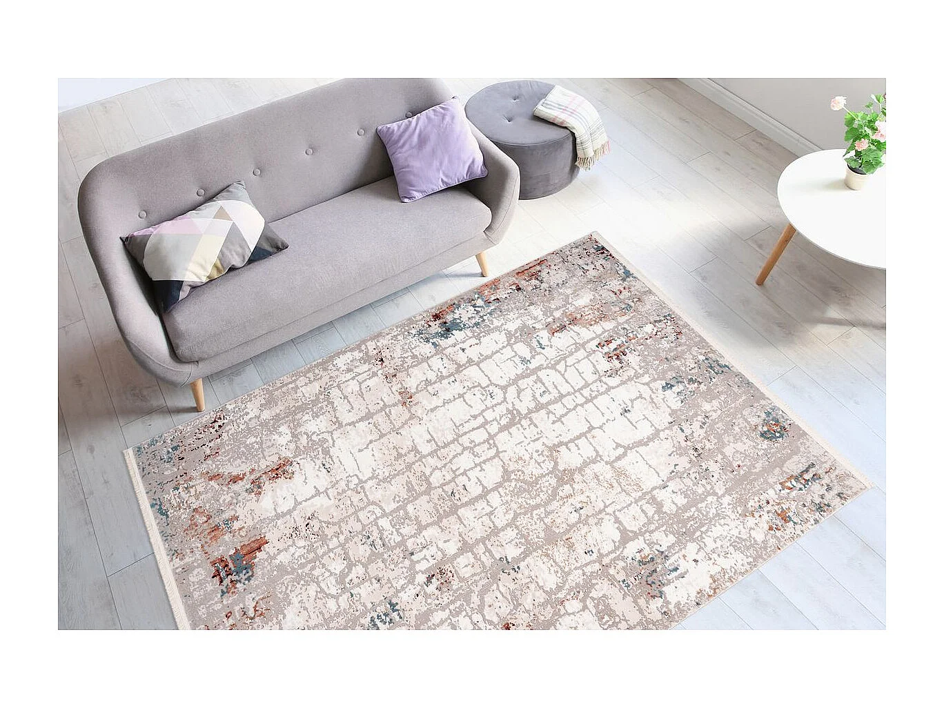 Tapis Vintage à Franges "Akropolis I" Gris & Rose 80 x 150 cm