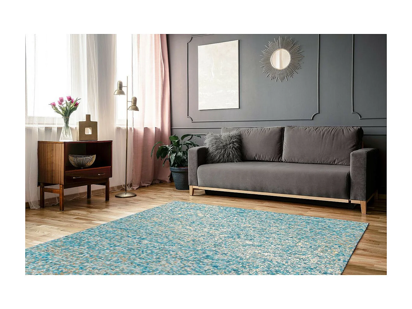 Tapis en Cuir Fait Main "Finish" Turquoise & Or 120 x 170 cm