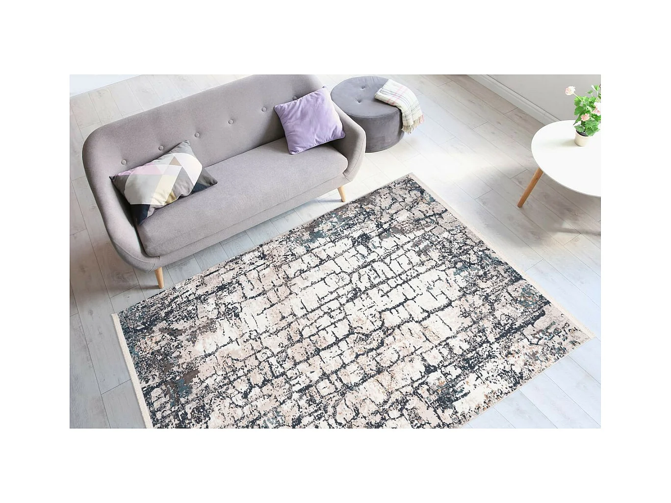 Tapis Vintage à Franges "Akropolis I" Gris & Bleu 120 x 180 cm