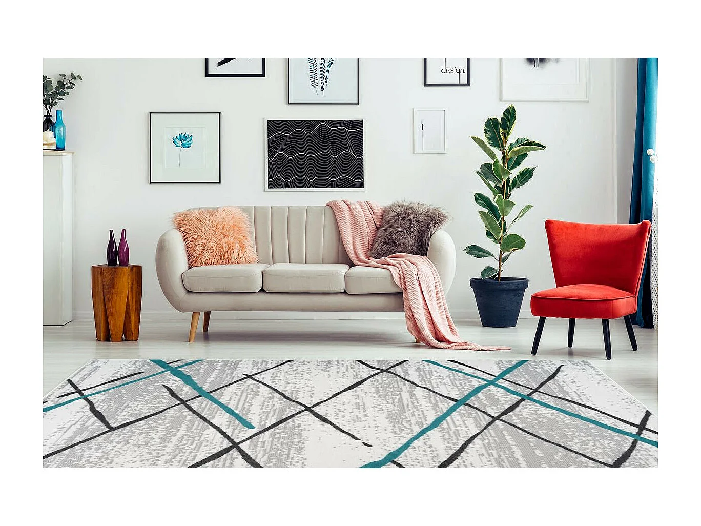 Tapis Rayures à Poils Courts "Vancouver I" Turquoise 120 x 170 cm