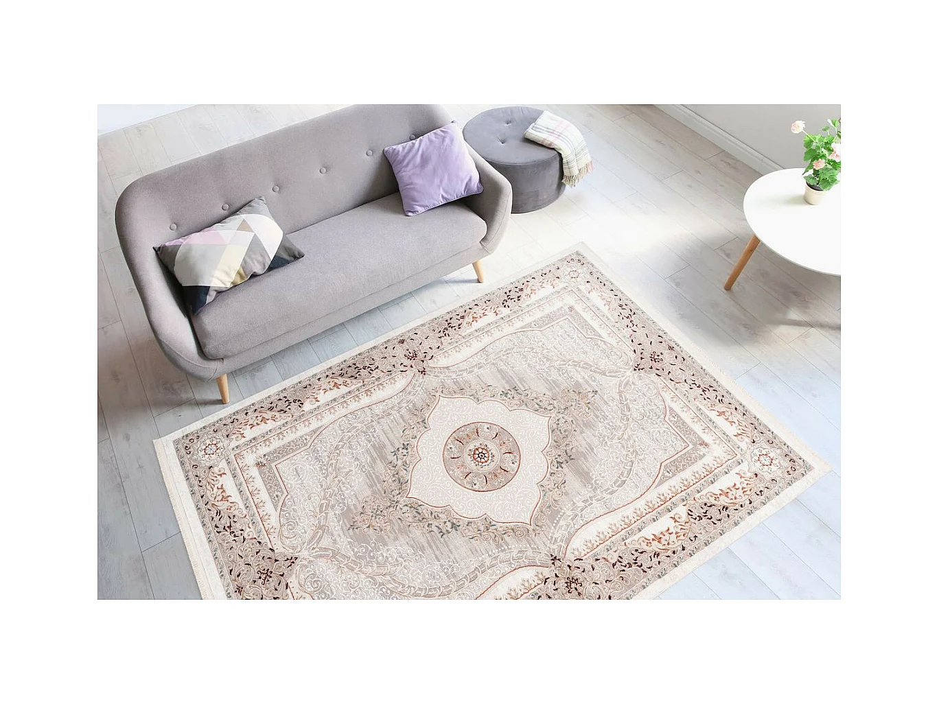 Tapis Vintage à Franges "Akropolis V" Gris & Rose 160 x 230 cm