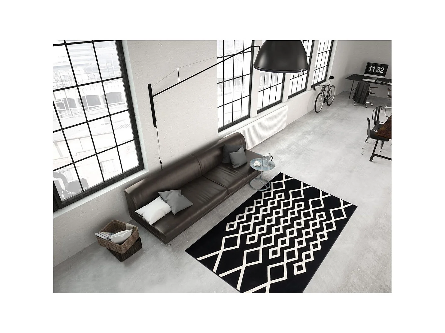 Tapis Géométrique à Poils Courts "Lina" Noir & Ivoire 200 x 290 cm