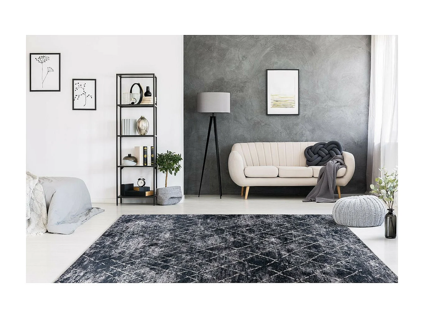 Tapis Vintage à Poils Courts "Sally" Gris & Ivoire 160 x 230 cm