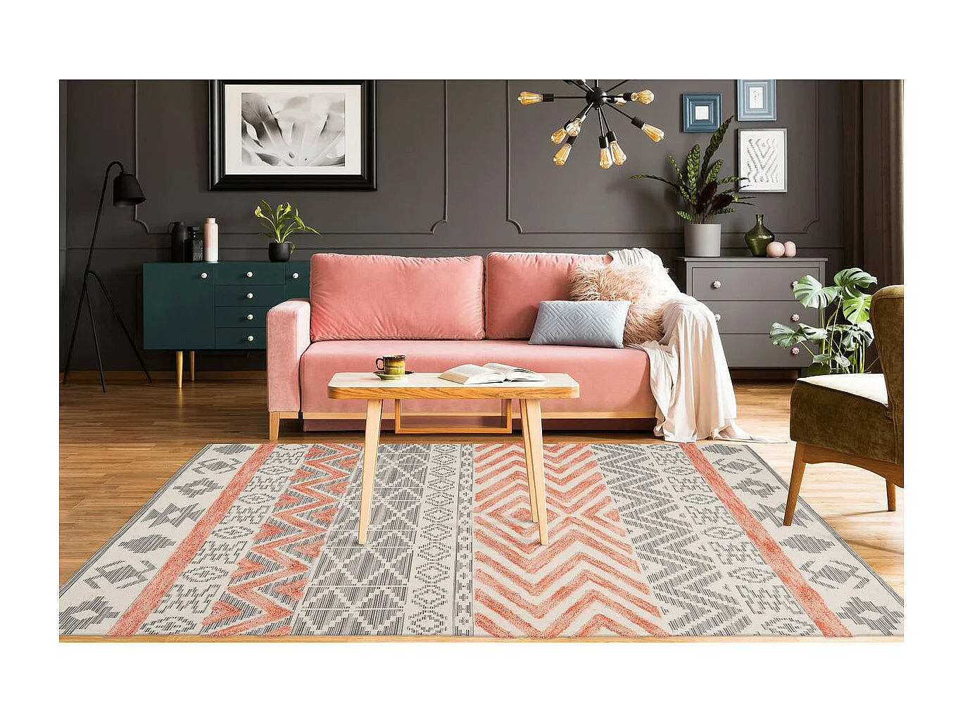 Tapis Effet 3D à Poils Courts "Ethnie" Gris & Orange 80 x 150 cm