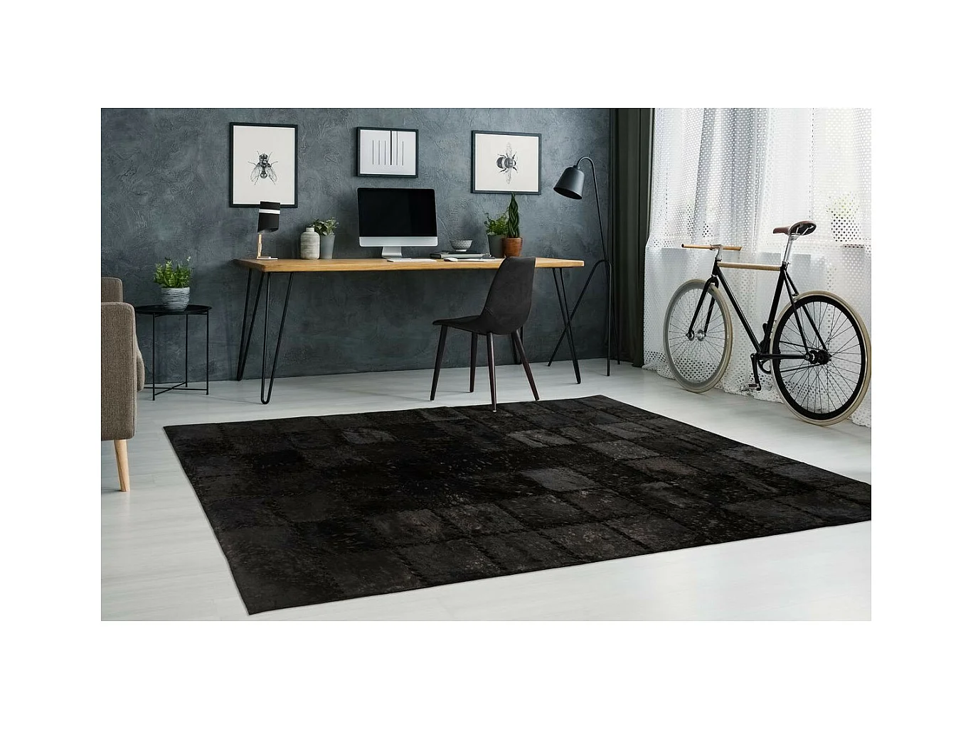 Tapis Patchwork en Cuir Fait Main "Voila" Noir 120 x 170 cm