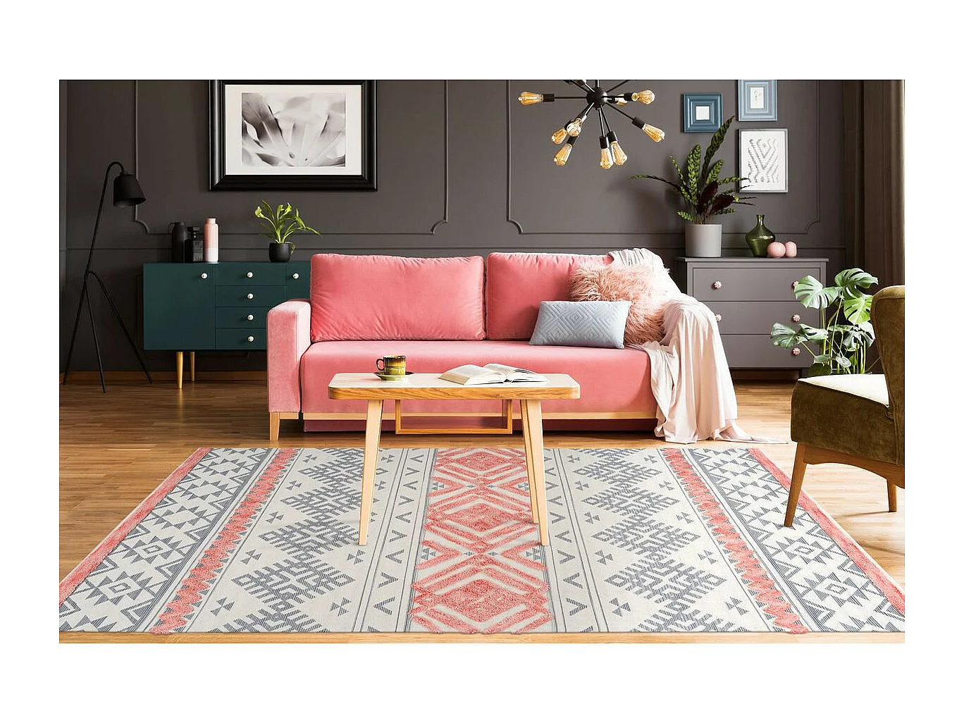 Tapis Jacquard à Poils Courts "Ethnie" Gris & Orange 120 x 170 cm