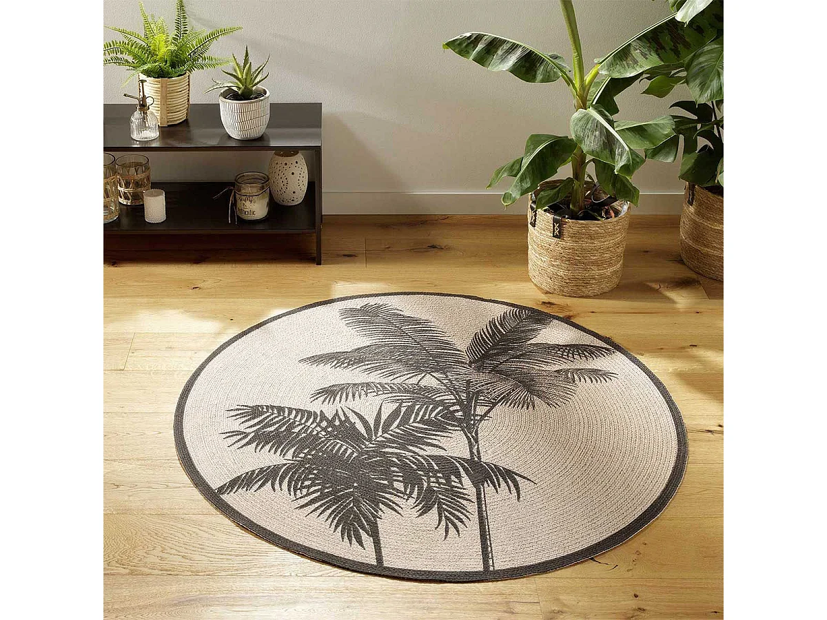 Tapis Rond Imprimé "Tropic Nature" 120cm Naturel
