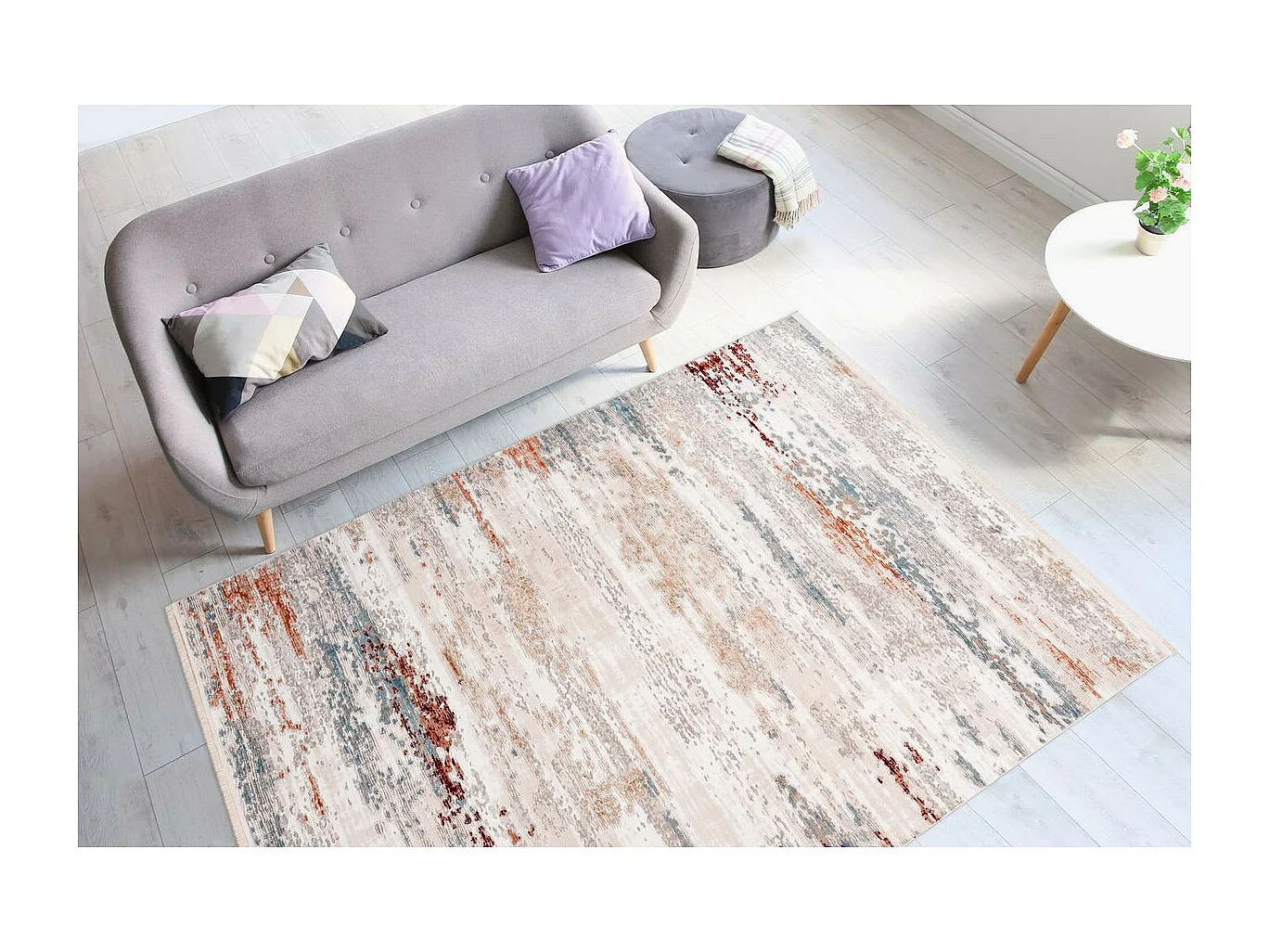 Tapis Vintage à Franges "Akropolis III" Gris & Rose 80 x 150 cm