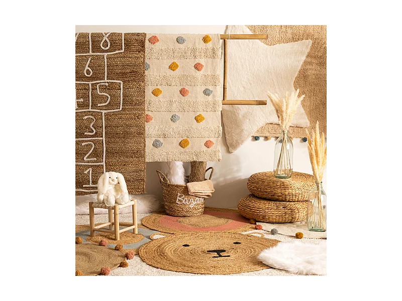 Teppich mit Pompons Baumwolle beige 90x90cm