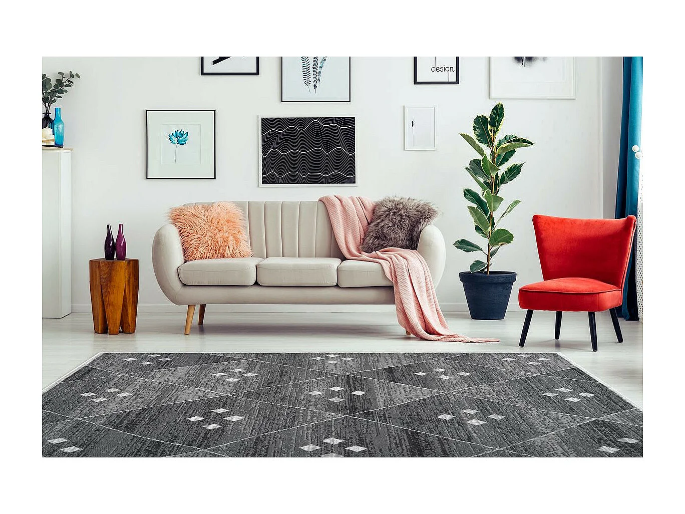 Tapis Géométrique à Poils Courts "Vancouver V" Gris 120 x 170 cm