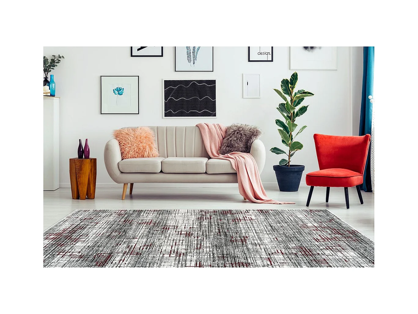 Tapis Vintage à Poils Courts "Vancouver III" Rouge 160 x 230 cm