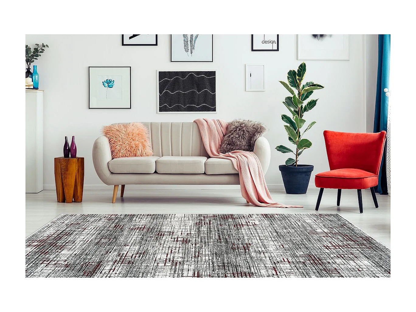 Tapis Vintage à Poils Courts "Vancouver III" Rouge 160 x 230 cm