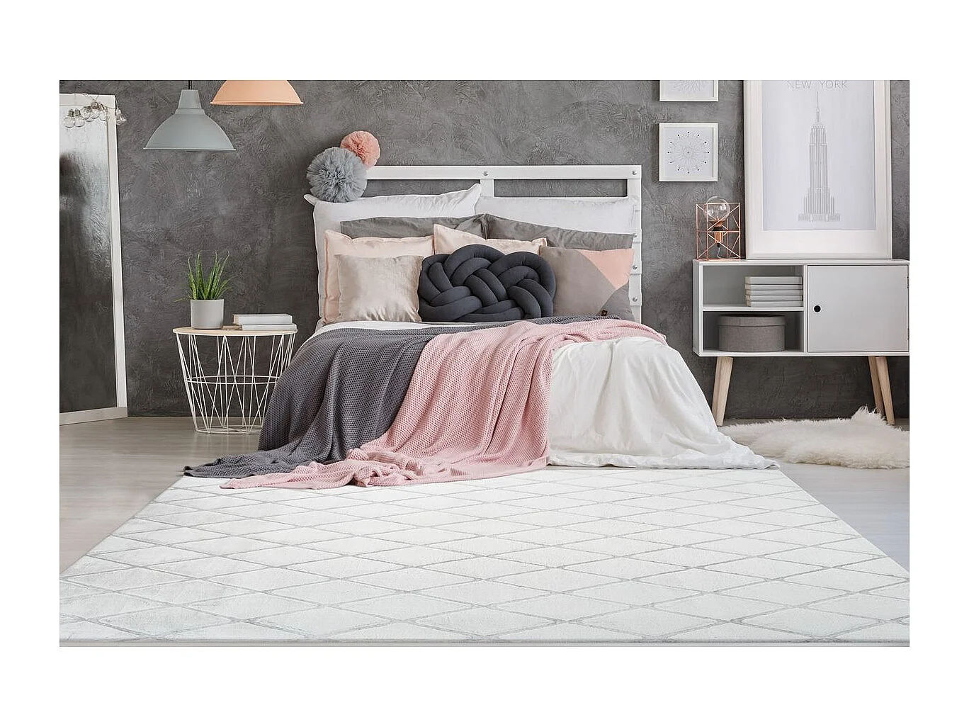 Tapis Shaggy Géométrique "Vivica" Blanc & Bleu Gris 80 x 250 cm