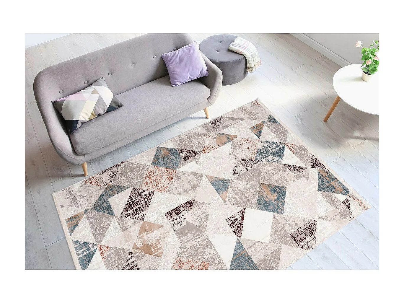 Tapis Géométrique à Franges "Akropolis II" Gris & Rose 120 x 180 cm