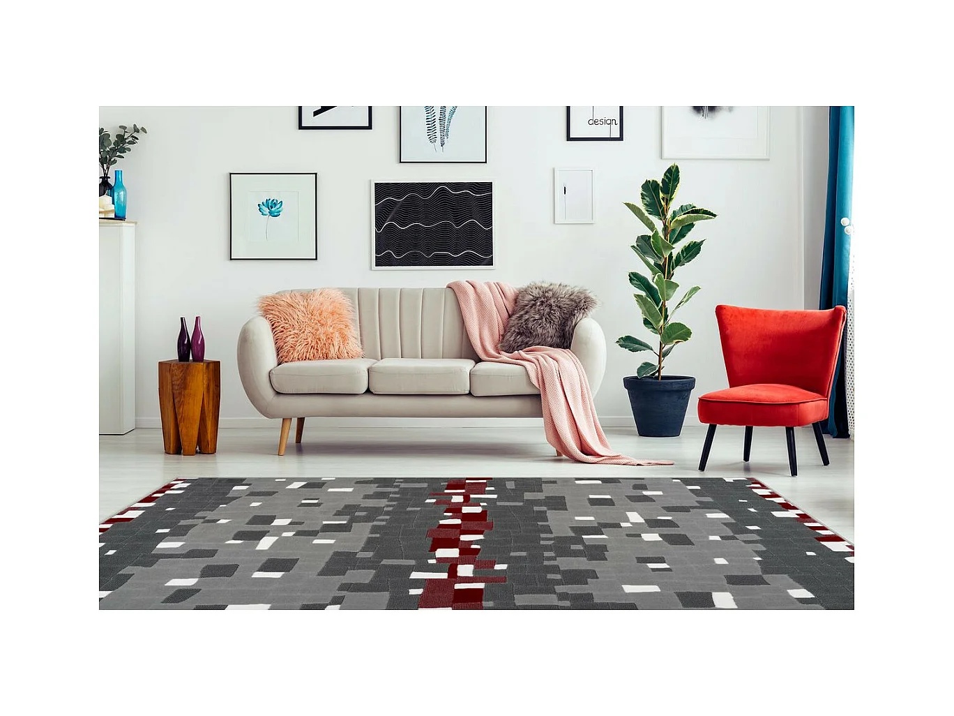 Tapis Mosaïque à Poils Courts "Vancouver II" Rouge 120 x 170 cm