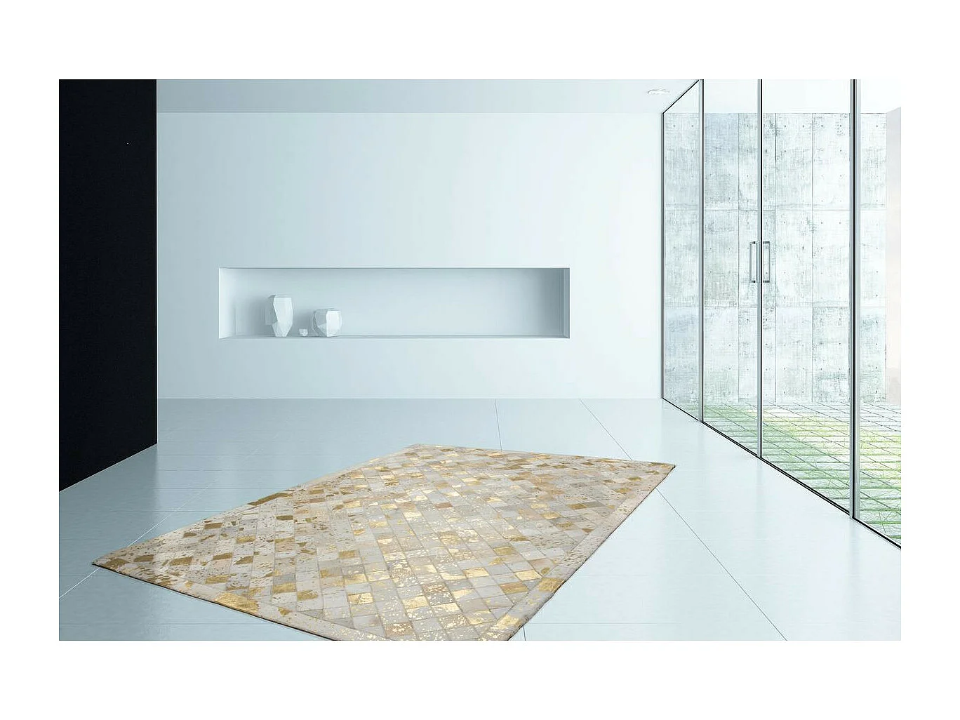 Tapis en Cuir Effet Mosaïque "Lavish" Ivoire & Or 80 x 150 cm