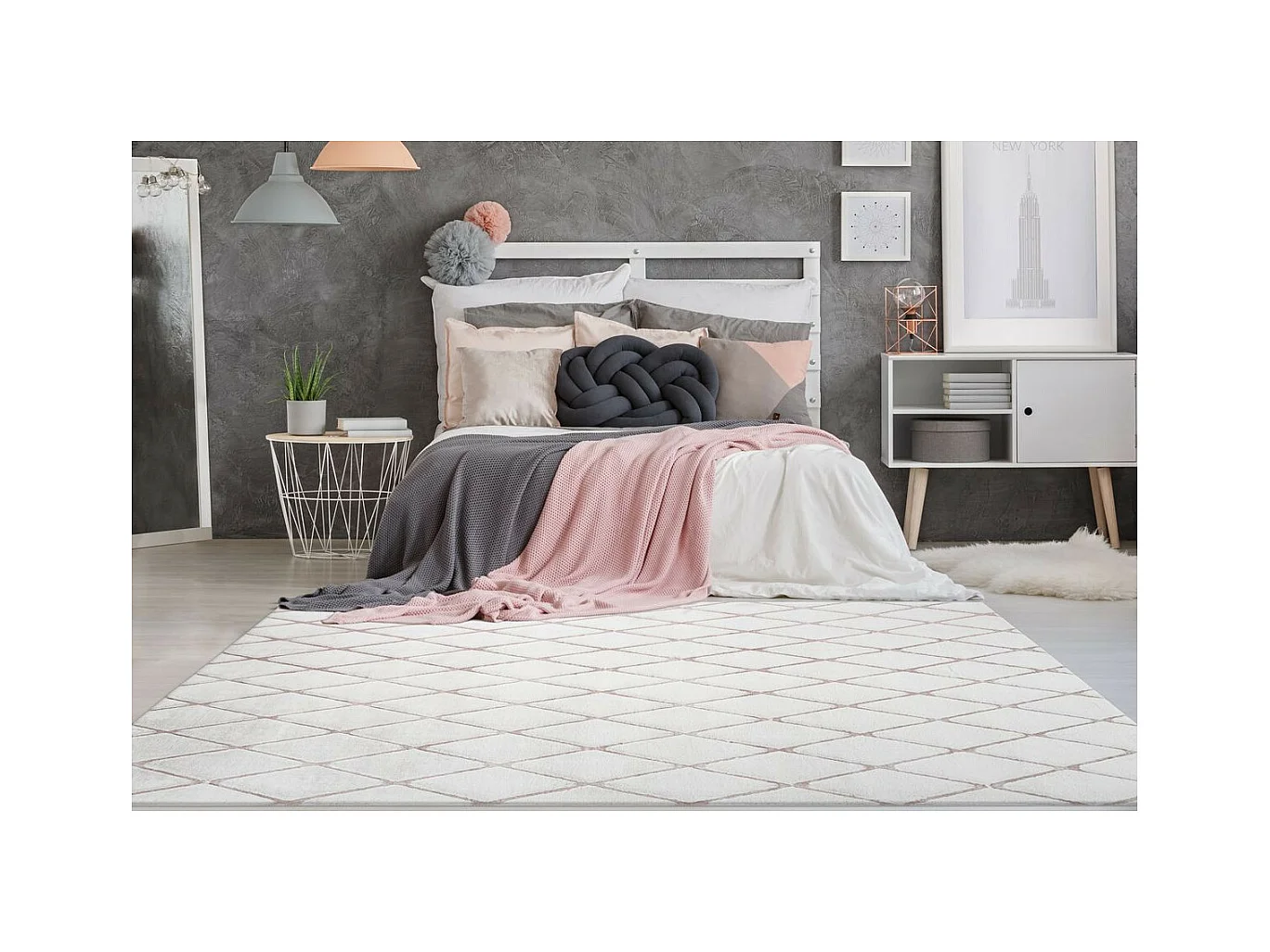 Tapis Shaggy Géométrique "Vivica" Blanc & Rose 80 x 250 cm