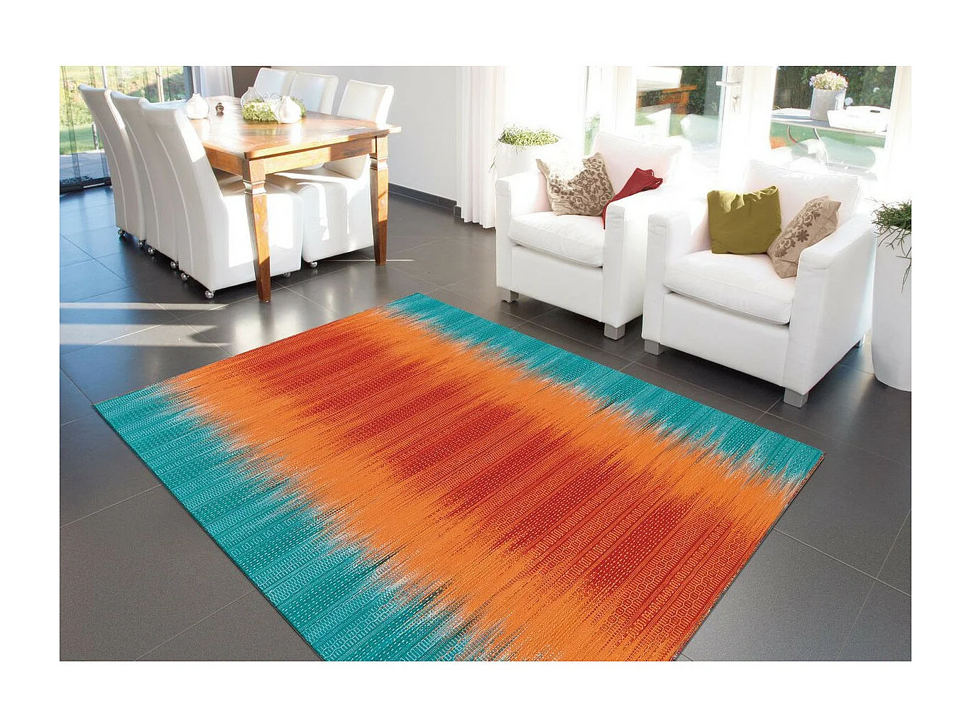 Tapis en Laine Tissé Fait Main "Sunset" Orange & Bleu 90 x 160 cm