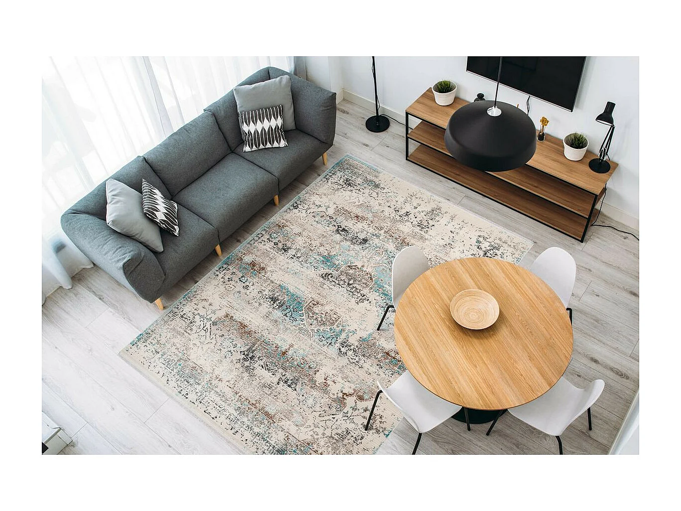 Tapis Oriental à Poils Courts "Anouk" Taupe & Turquoise 80 x 150 cm