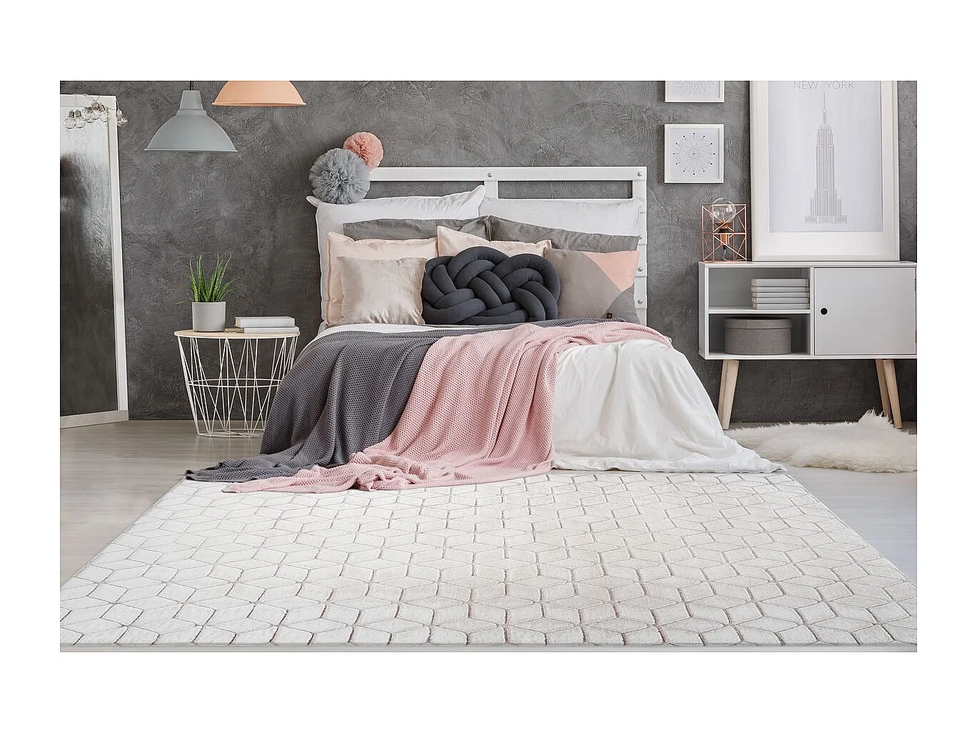 Tapis Shaggy Effet 3D "Vivica" Blanc & Rose 120 x 160 cm