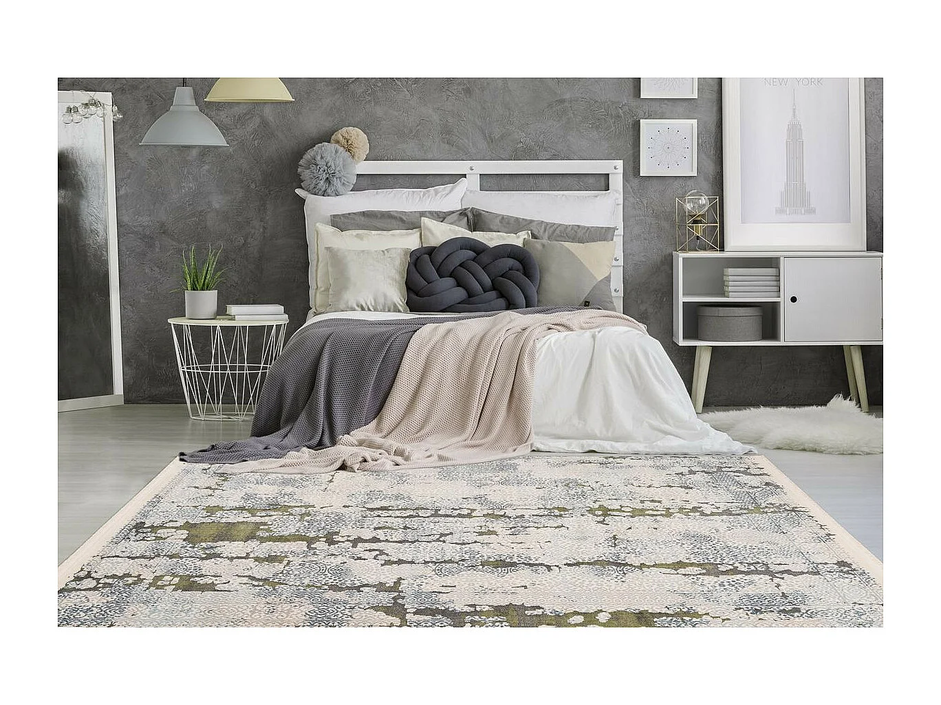 Tapis Imprimé Rétro Délavé "Palace" Gris & Vert 160 x 230 cm