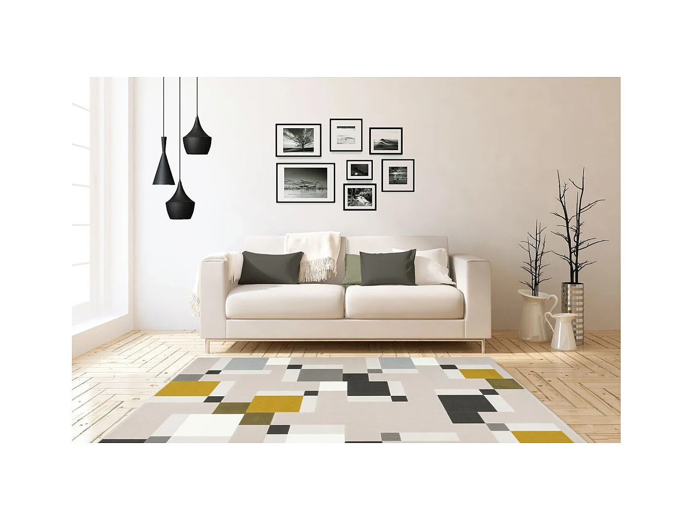 Tapis Géométrique à Poils Courts "Esperanto II" Crème & Vert 200 x 290 cm