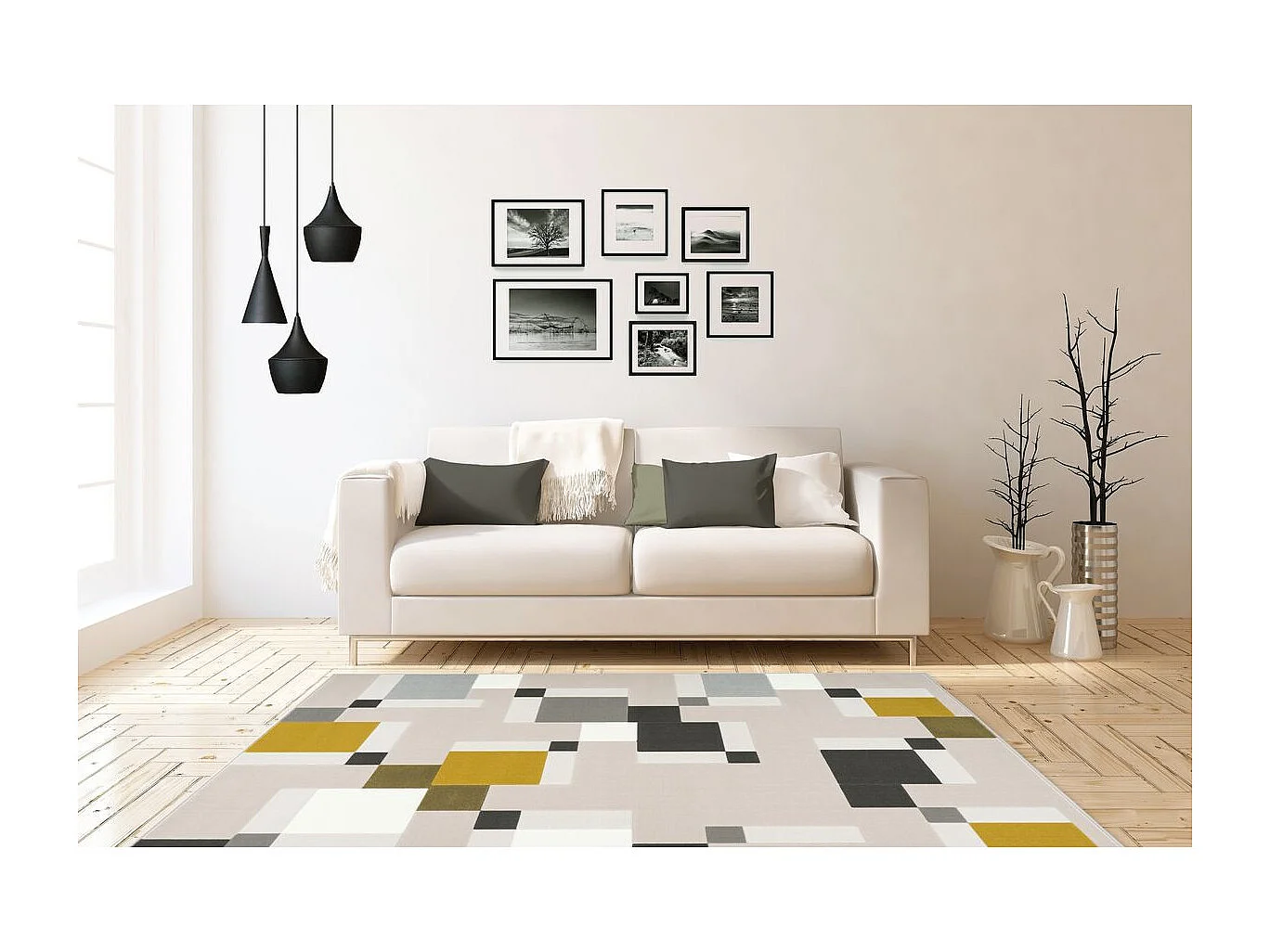 Tapis Géométrique à Poils Courts "Esperanto II" Crème & Vert 200 x 290 cm