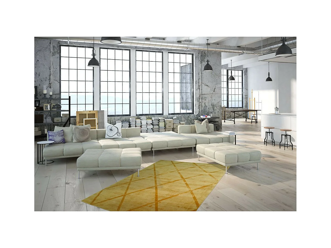 Tapis Géométrique à Poils Courts "Luxury II" Jaune 120 x 170 cm