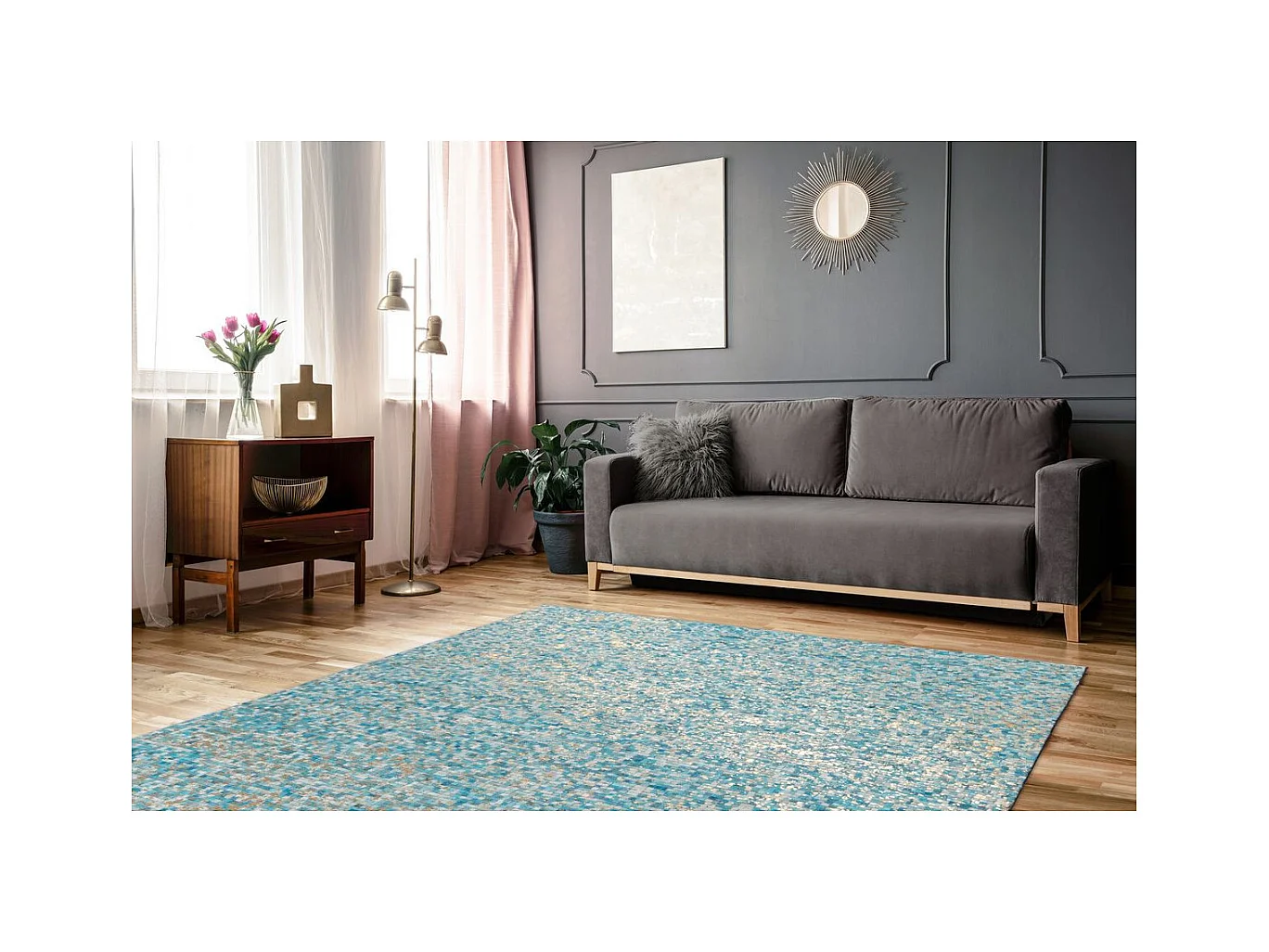 Tapis en Cuir Fait Main "Finish" Turquoise & Or 160 x 230 cm