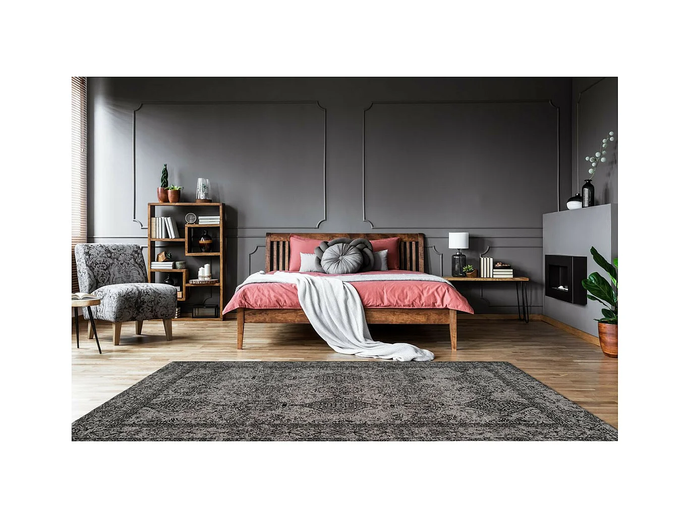 Tapis Vintage à Poils Courts "Iglesia" Gris & Noir 160 x 230 cm