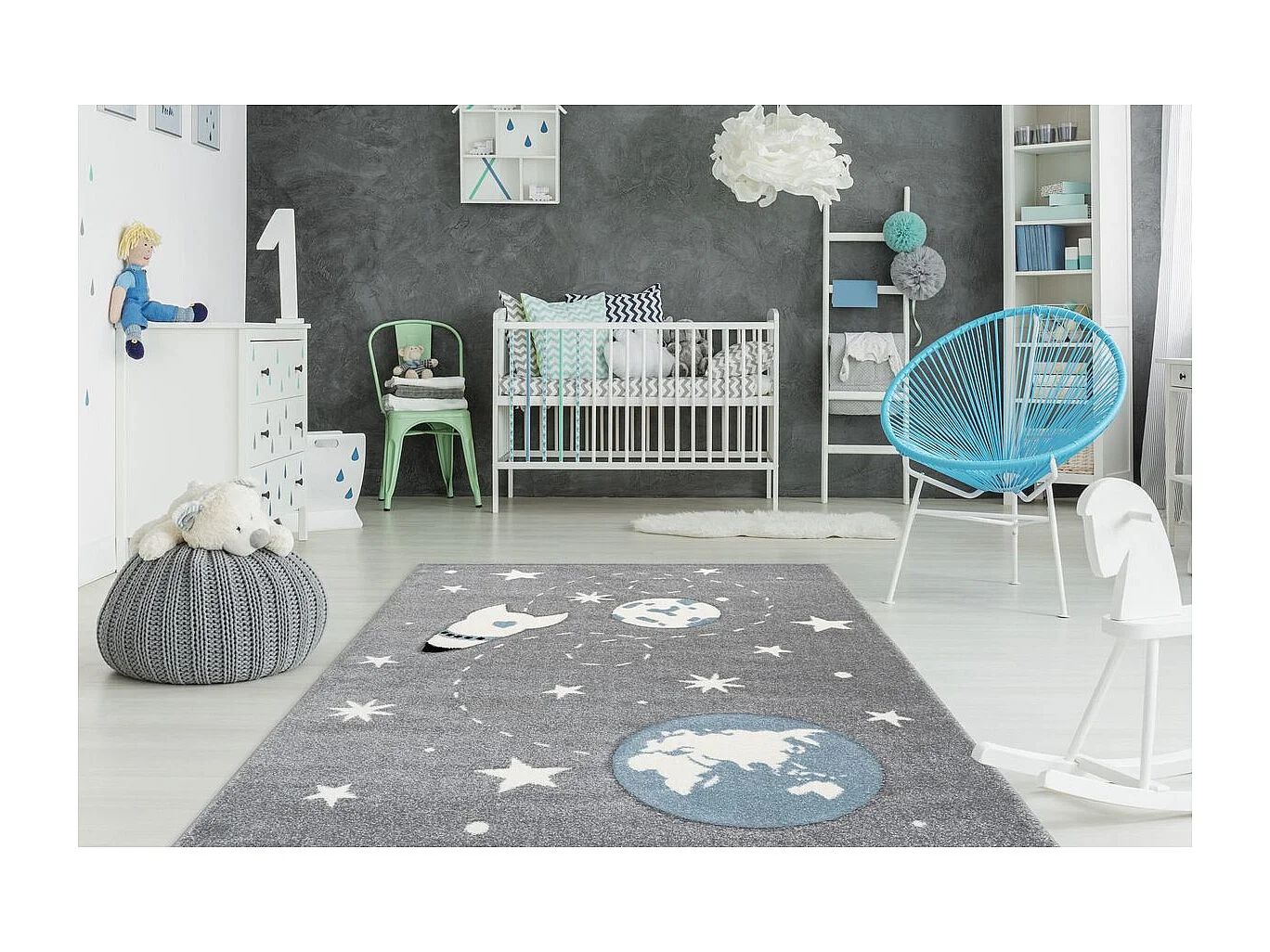 Tapis de Chambre Enfant Espace "Yowah" Argent 80 x 150 cm