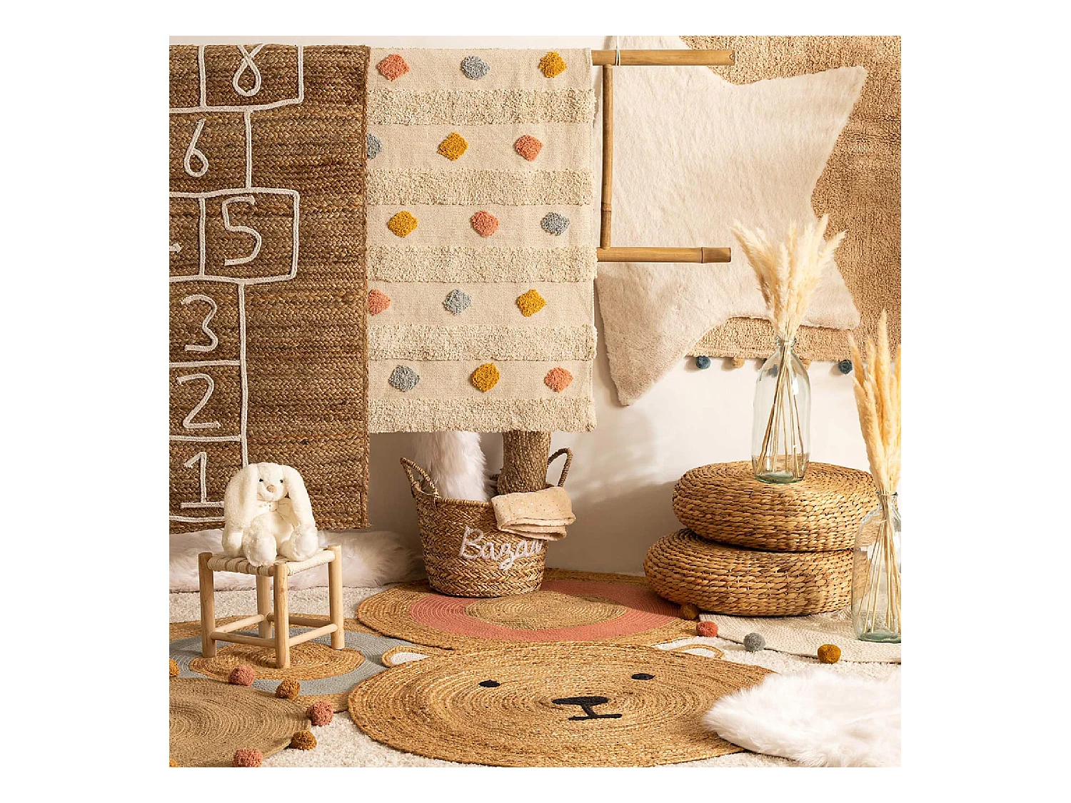 Tapis Enfant en Jute "Tête Ourson" 100cm Naturel