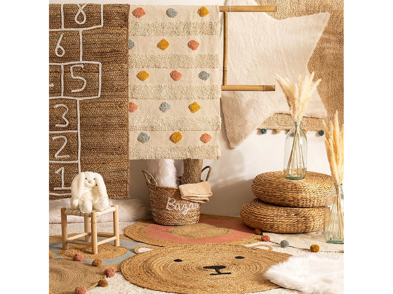 Tapis Enfant en Jute "Tête Ourson" 100cm Naturel