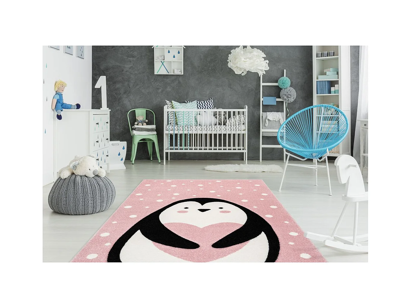 Tapis de Chambre Enfant Pingouin "Gidya" Rose 120 x 170 cm