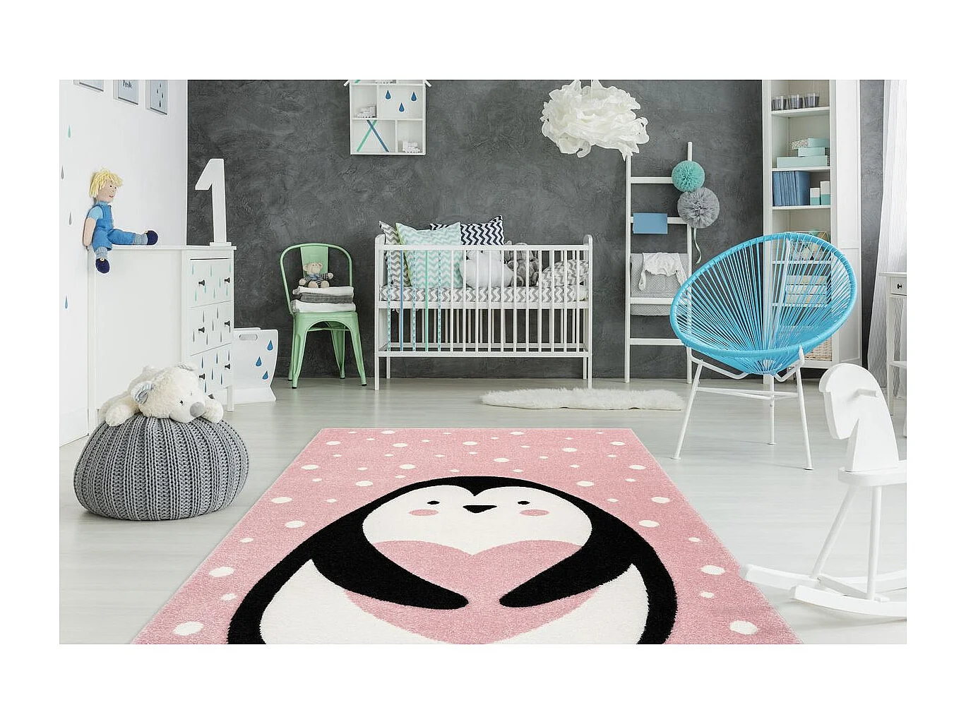 Tapis de Chambre Enfant Pingouin "Gidya" Rose 120 x 170 cm