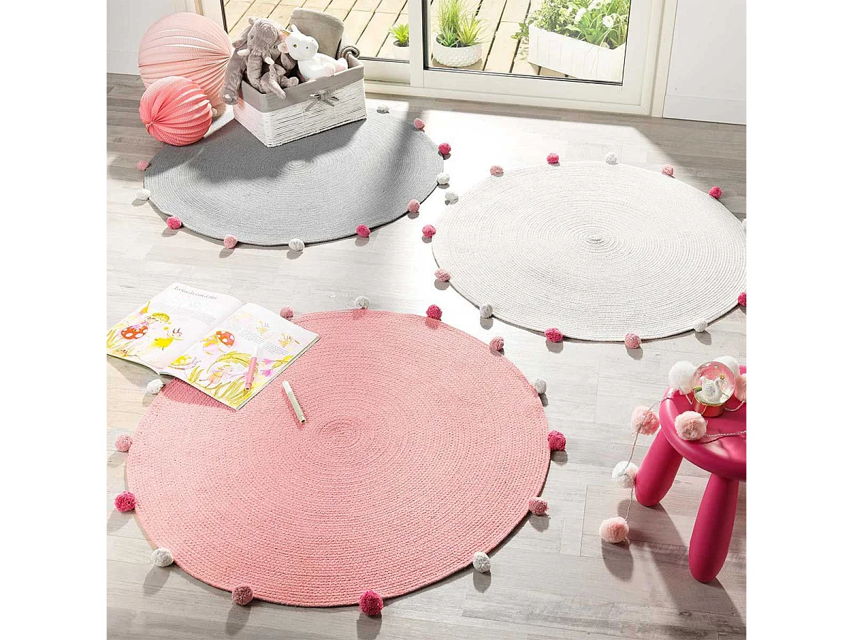Tapis Rond Enfant "Pompomparty" 90cm Gris