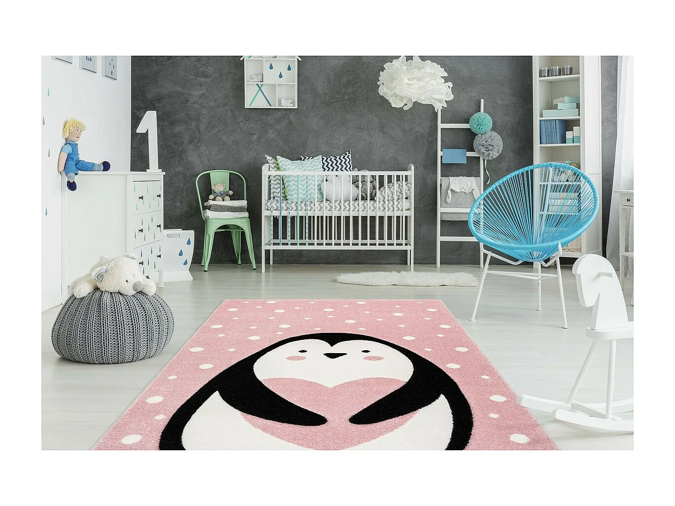 Tapis de Chambre Enfant Pingouin "Gidya" Rose 80 x 150 cm
