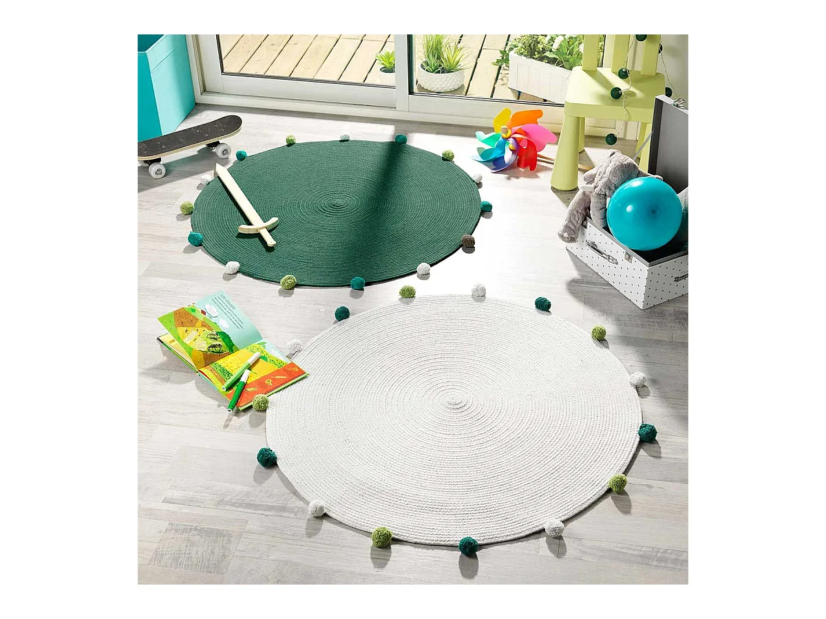 Tapis Rond Enfant "Pompomparty" 90cm Blanc & Vert