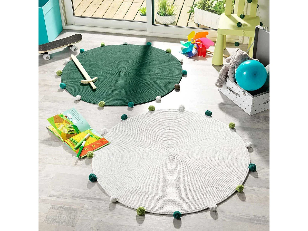 Tapis Rond Enfant "Pompomparty" 90cm Blanc & Vert