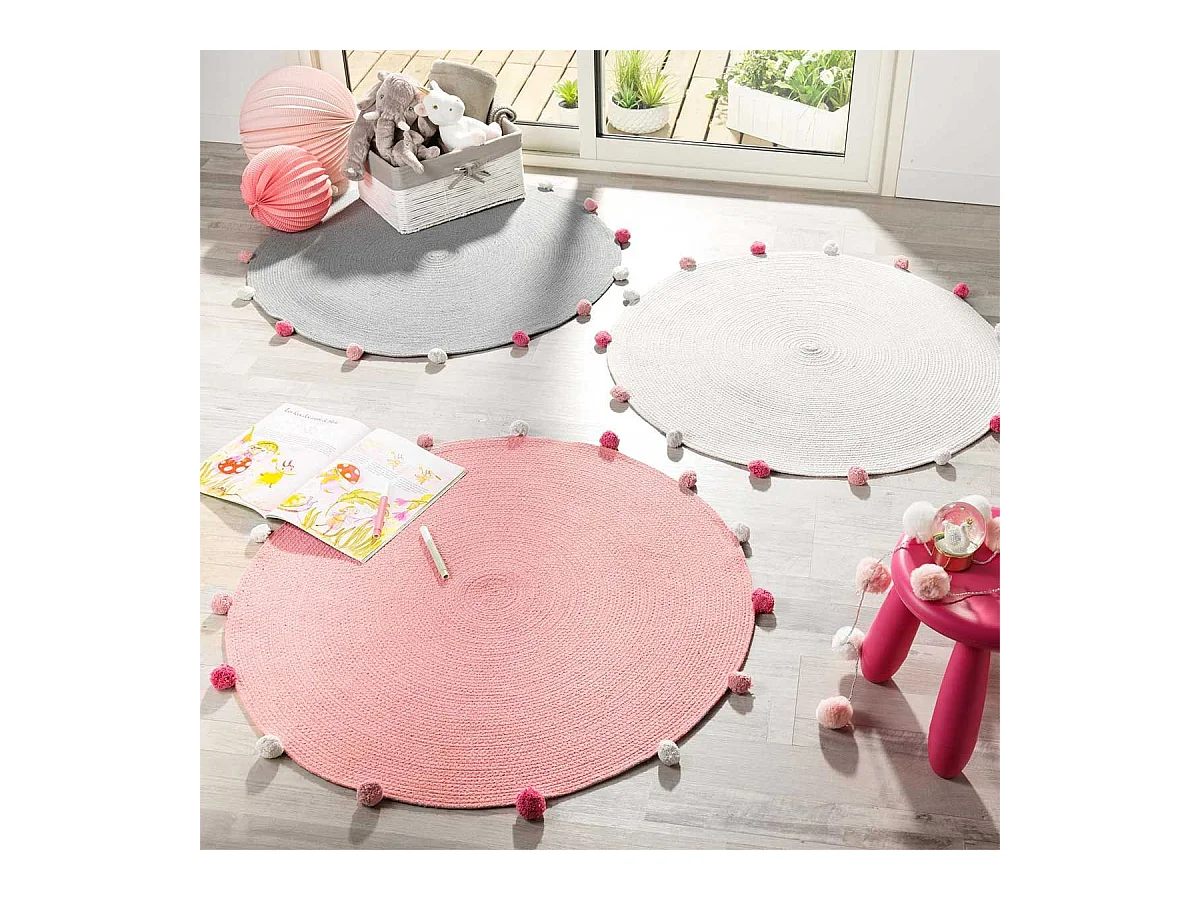 Tapis Rond Enfant "Pompomparty" 90cm Rose Dragée