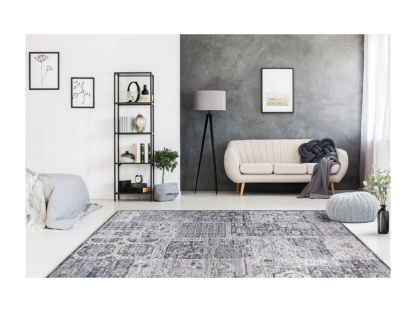 Tapis Vintage Imprimé à Poils Plats "Rhodin" Gris 80 x 150 cm